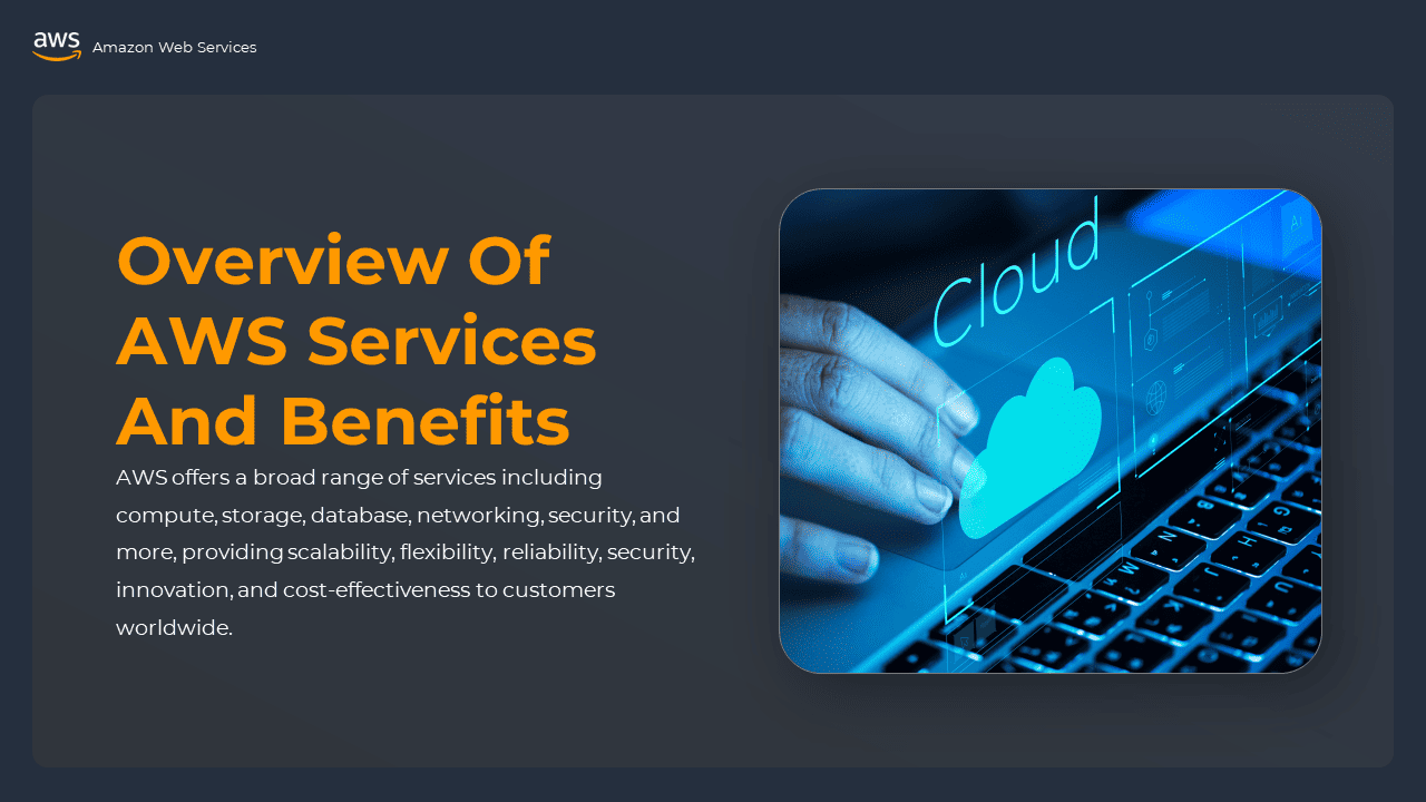 Overview of AWS service and benefits with blue background and digital cloud image.