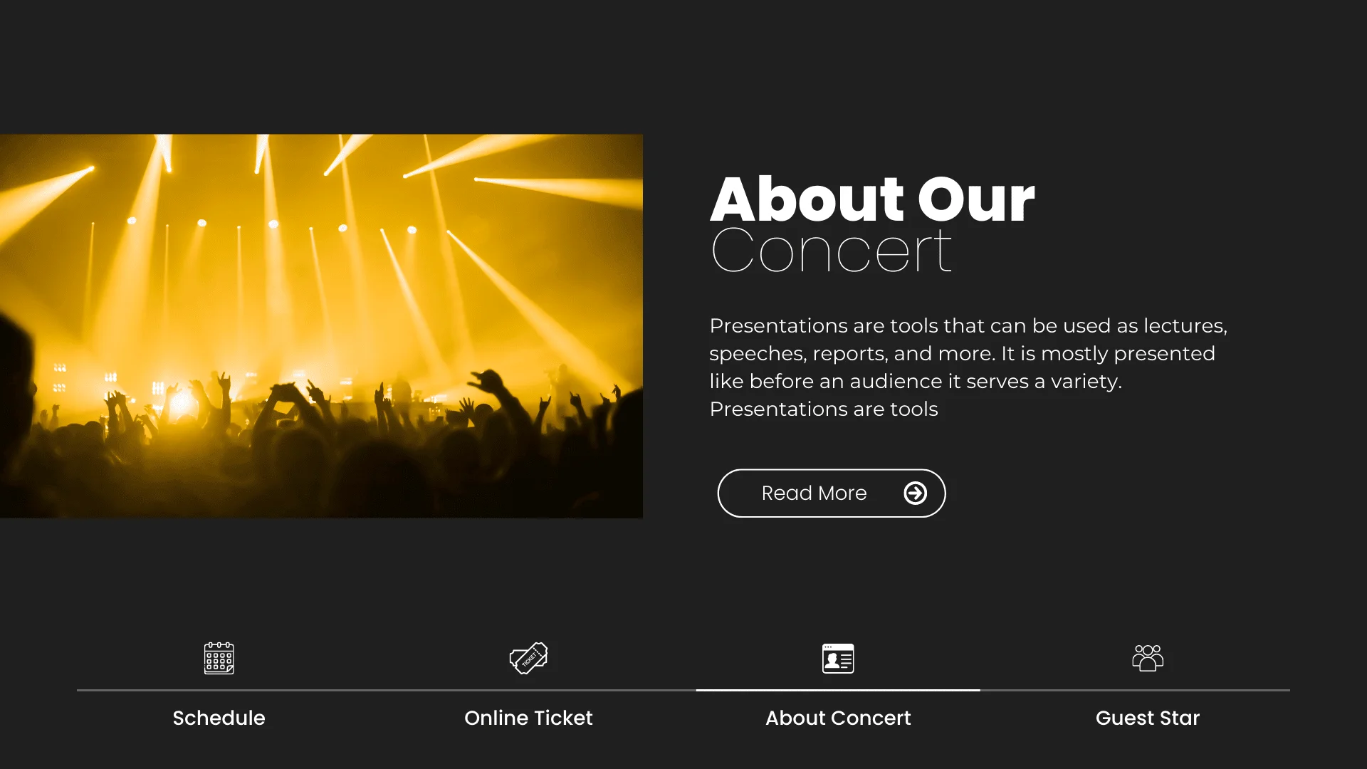 Captivating 'About Our Concert' presentation templates with square-shaped concert images, icons, and engaging content.