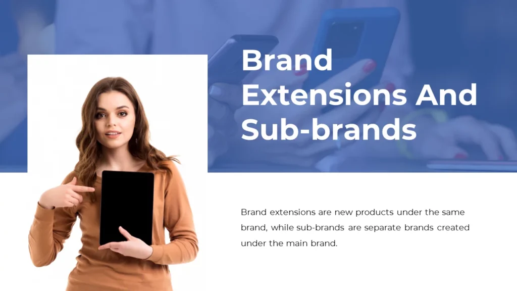 Explore brand extension & sub brands with our presentation templates. Illustration of a woman showcasing tablet products.
