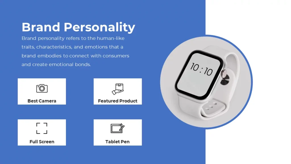 Unveil brand personality with our presentation templates. Smart watch in a circular design showcasing product features.