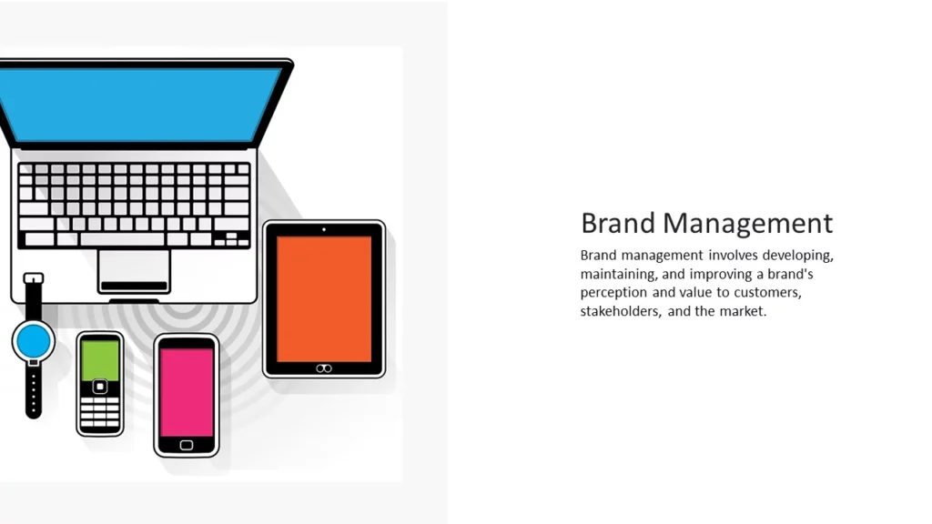 Vibrant brand management templates: Engaging slides featuring laptops, phones, tablets & more. Create captivating presentations with ease.