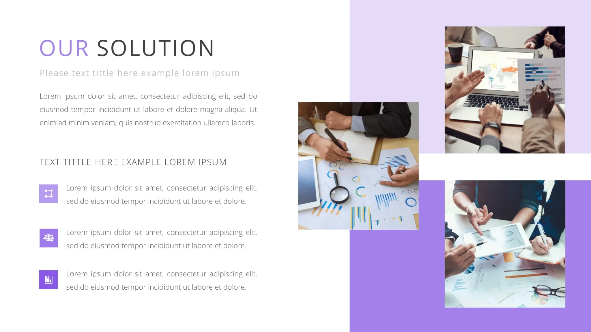 Innovative 'Our Solution' presentation templates with 3 discussing square-shaped company images and impactful contents.