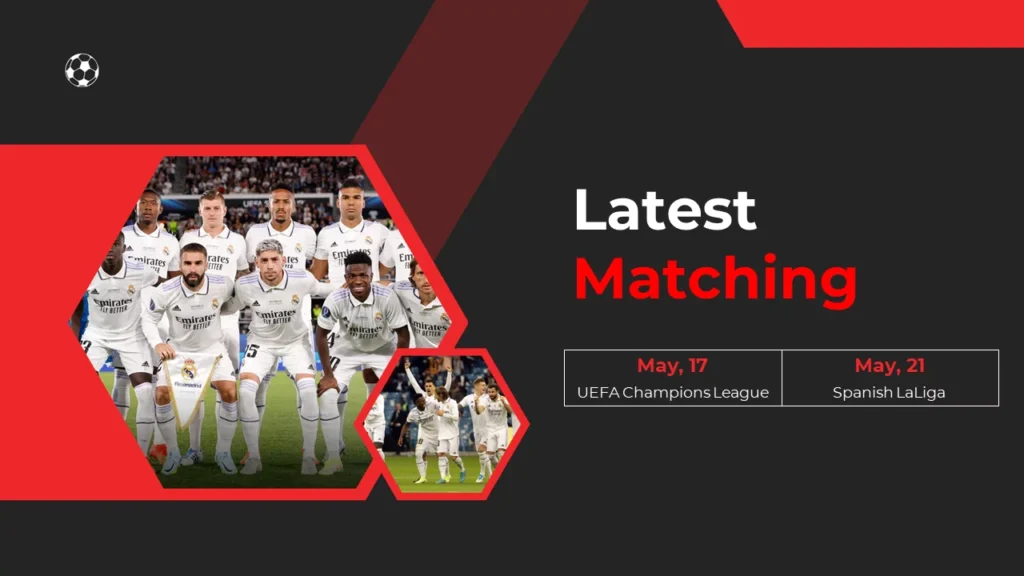 Recent match dates on a dark background with hexagon-shaped team members.