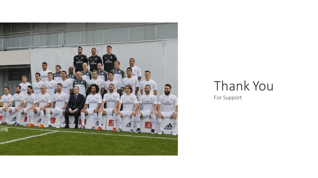 White background thank you slide with a team of 30 persons represented as football design, conveying gratitude and teamwork.