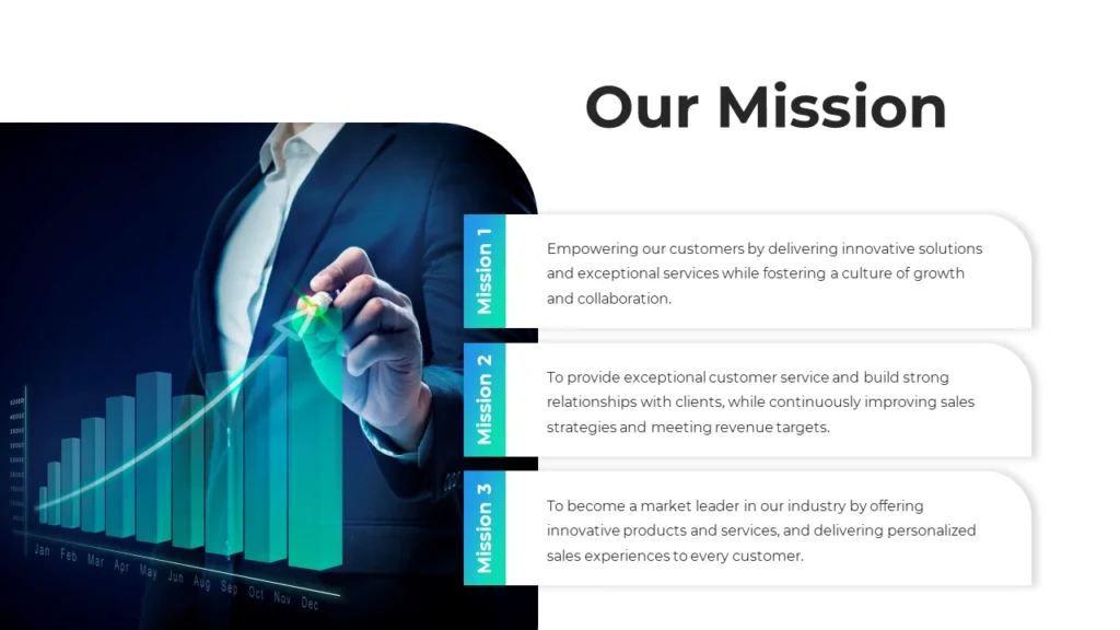White background with three divided boxed mission statements. Person's hand on the left side, presenting a blue sales pitch curve.