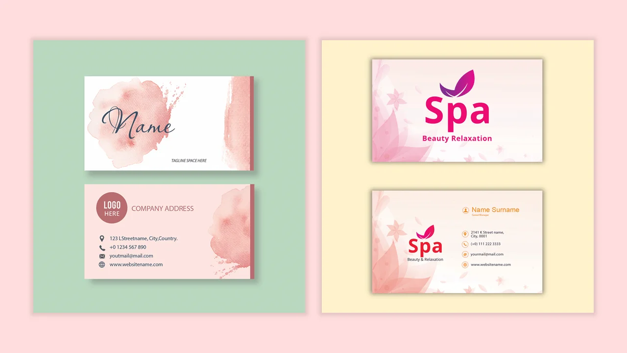There are two different visiting card slide designs, each in an aesthetic color with a distinct front and back.