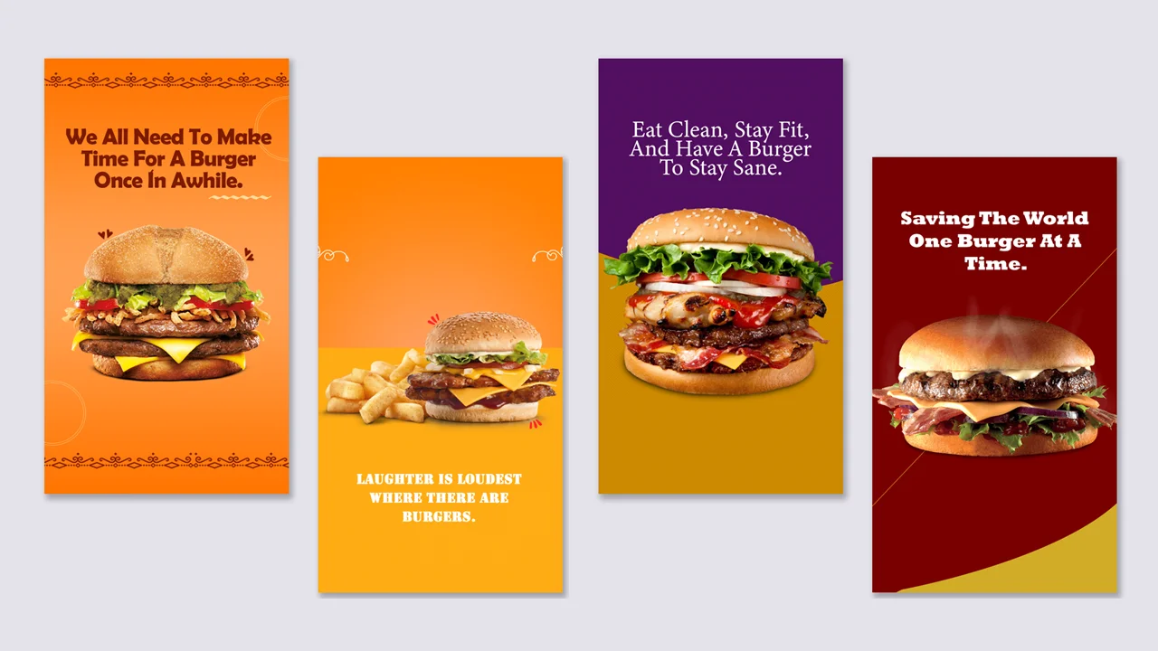 Tempting 'Burger' presentation templates with 4 delicious burger images and mouthwatering content.