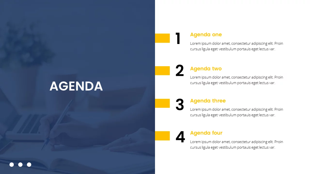 Agenda presentation templates with numbered points and captivating images on blue and white backgrounds