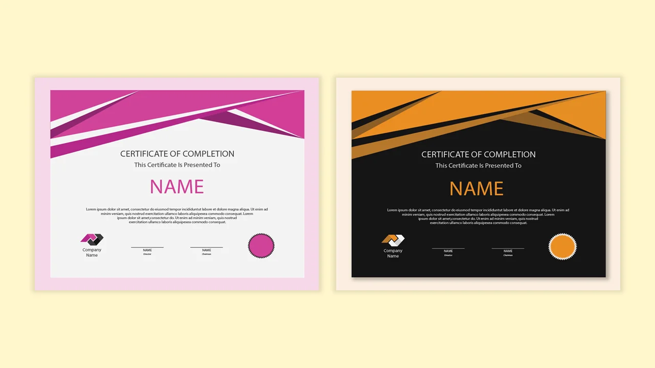 Two certificates: one pink and one orange, with distinct presentation designs.