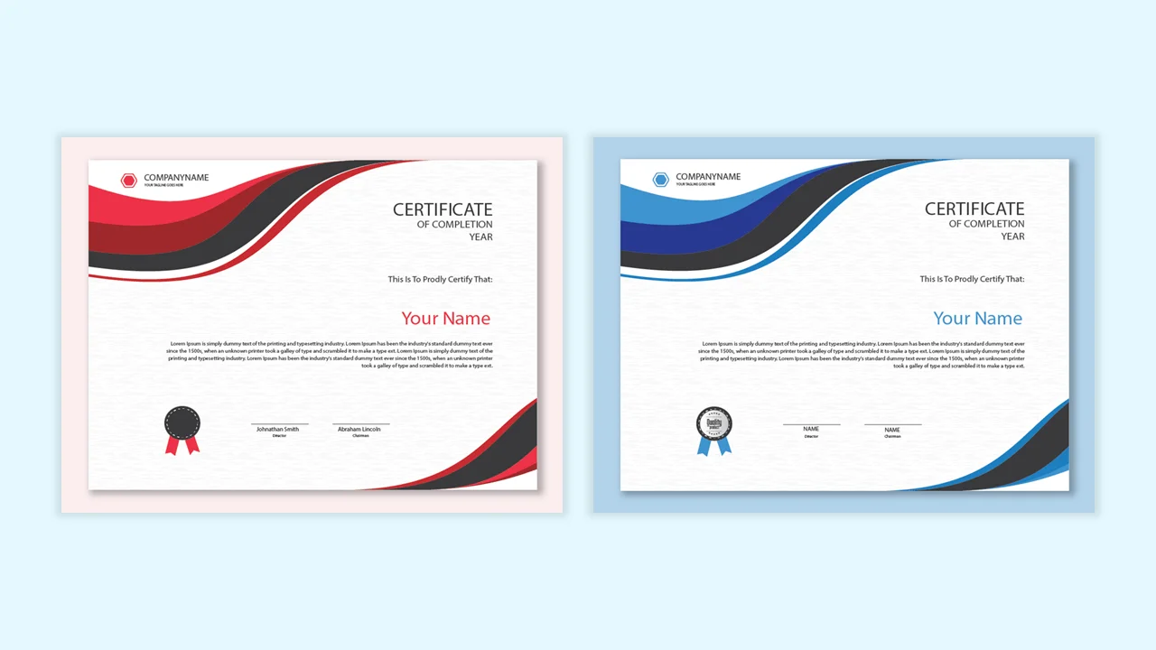 Professional 'Certificate of Completion' presentation templates featuring phone front and customizable contents.