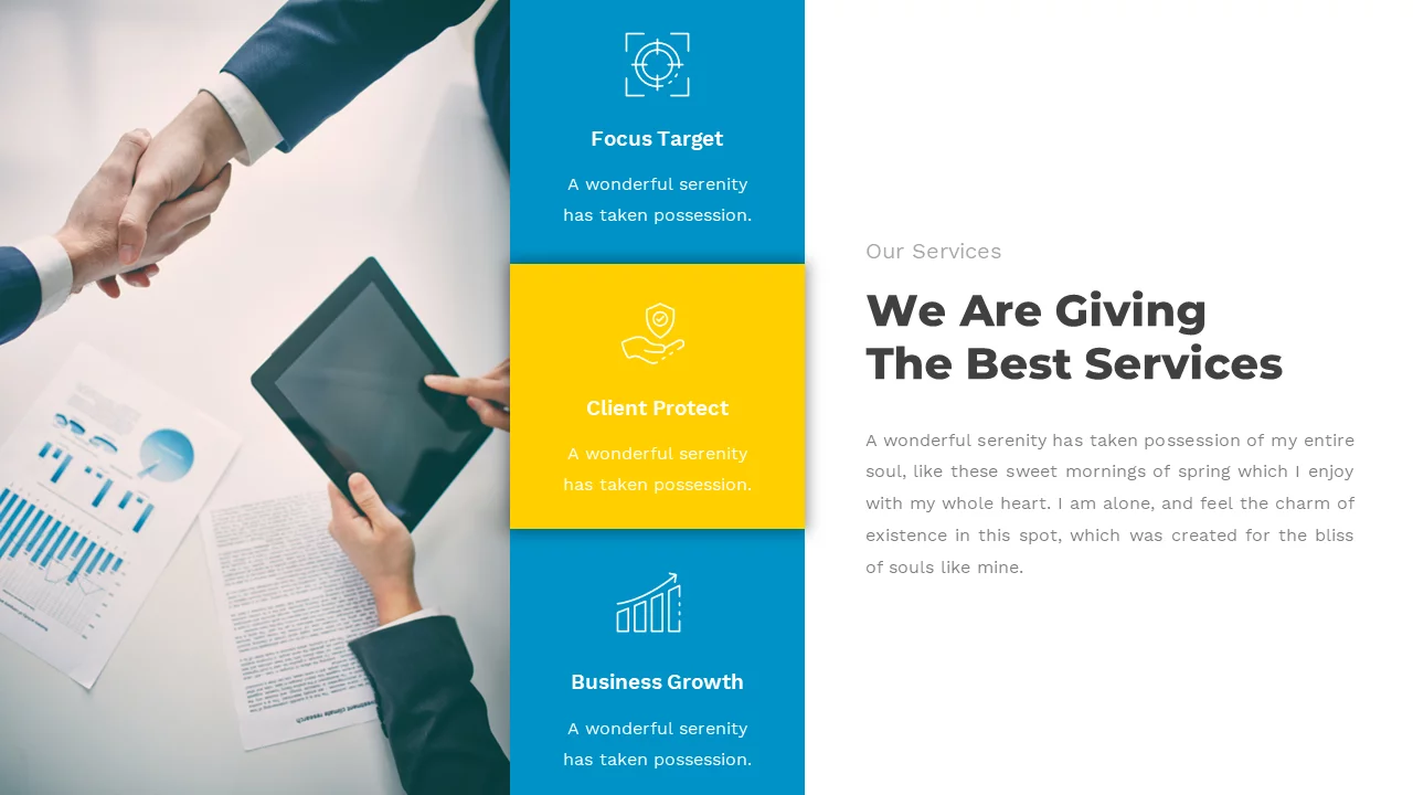 Shaking hands, tablet with white background, 3 blue & yellow content boxes in presentation design.