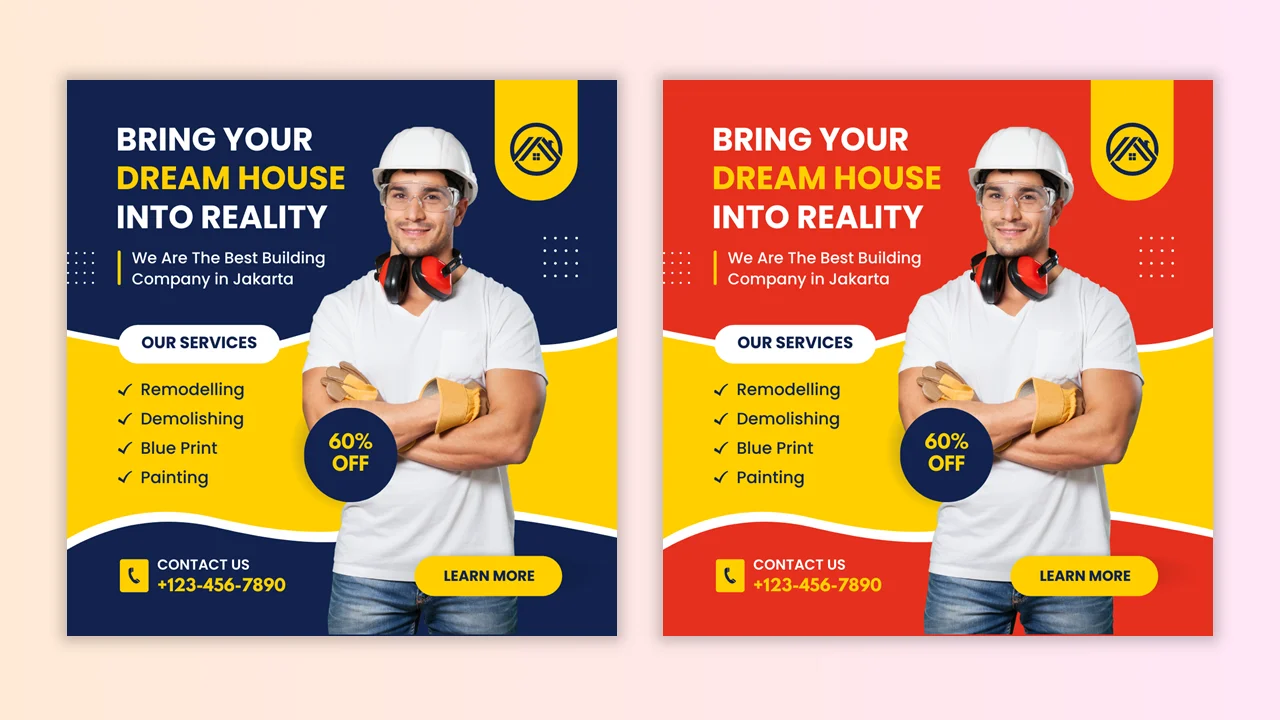 Real estate design service templates: Red & yellow, blue & yellow backgrounds.