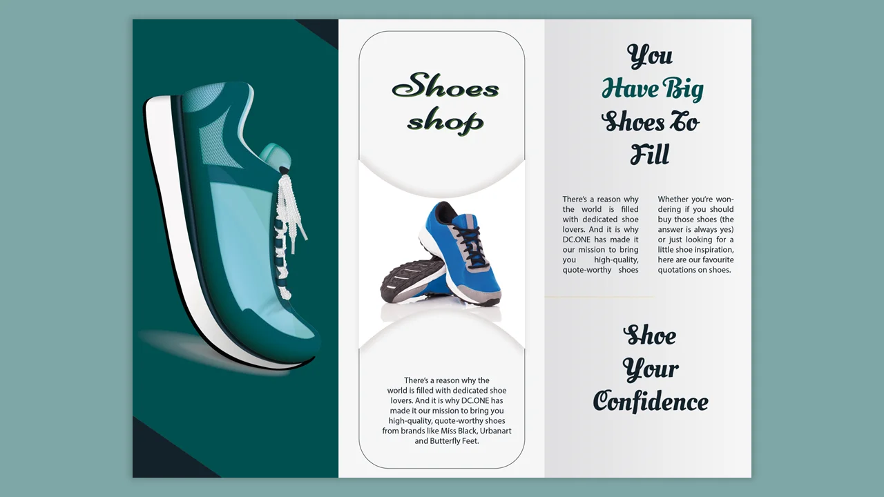 Advertisement design for a shoe store featuring shoes on three columns with green and white backgrounds.