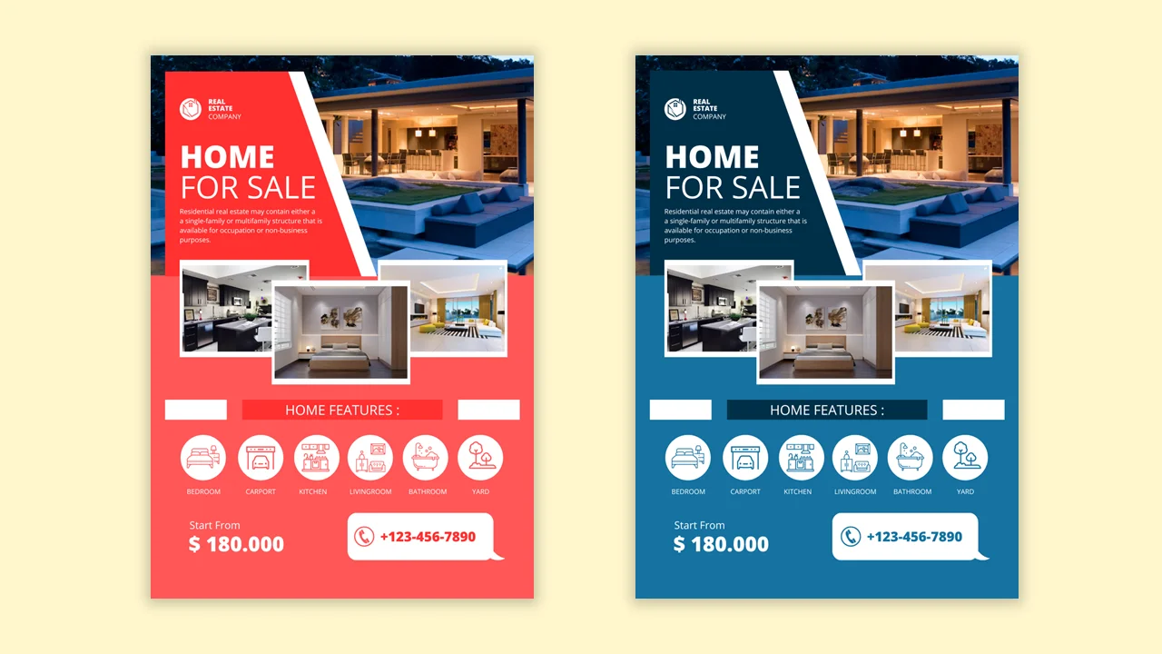 Captivating 'Home for Sale' presentation templates with two color images of houses and enticing home features.