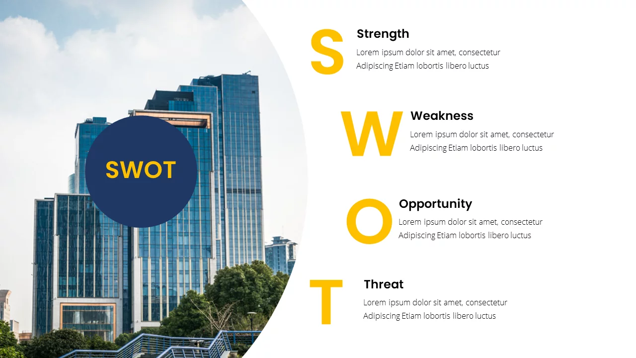 SWOT' presentation templates with detailed descriptions and round company image. Analyze strengths, weaknesses, opportunities, threats.