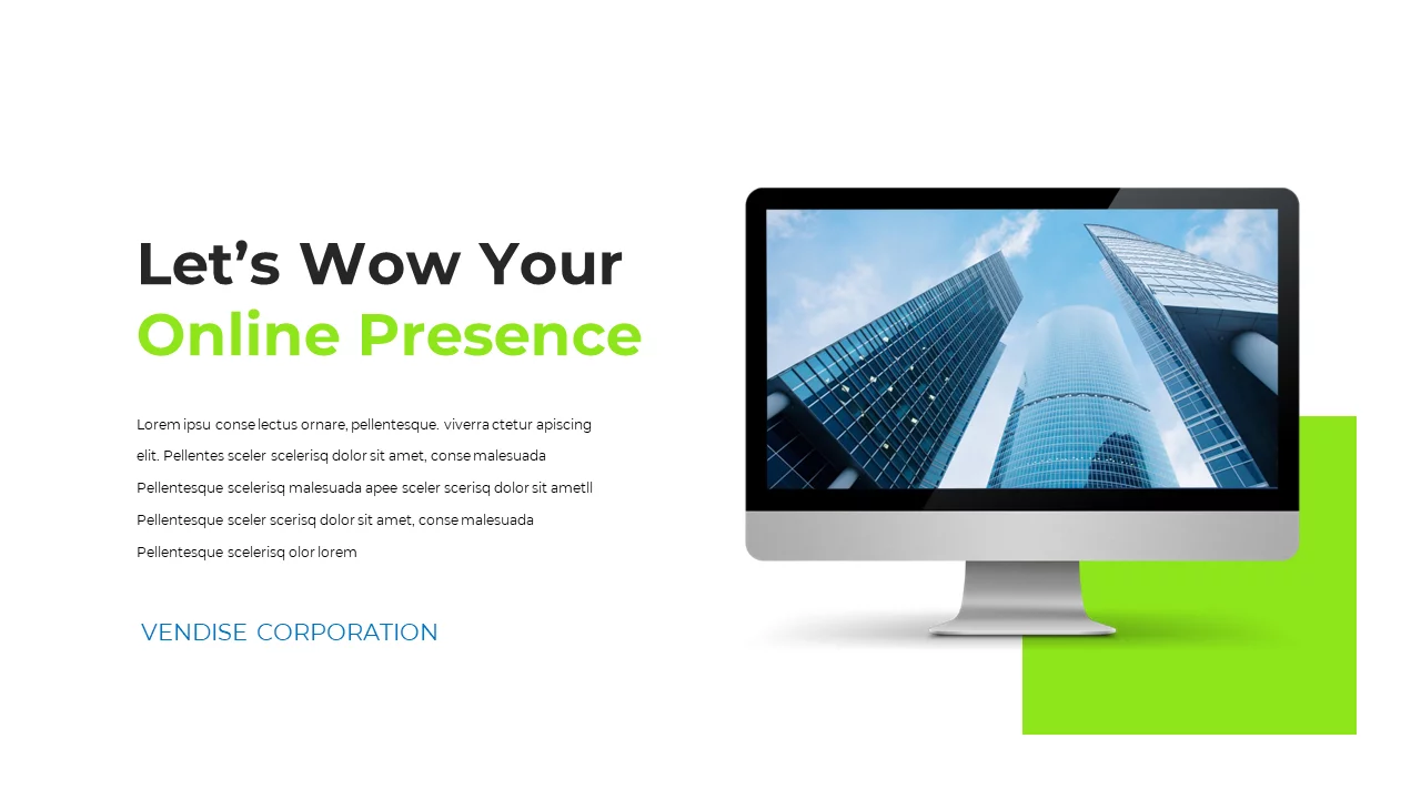 Our Let's Wow Your Online Presence designs have a white backdrop and a computer image.
