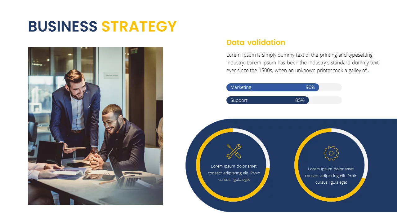 Strategic 'Business Strategy' presentation templates featuring discussing businessmen and data validation content.