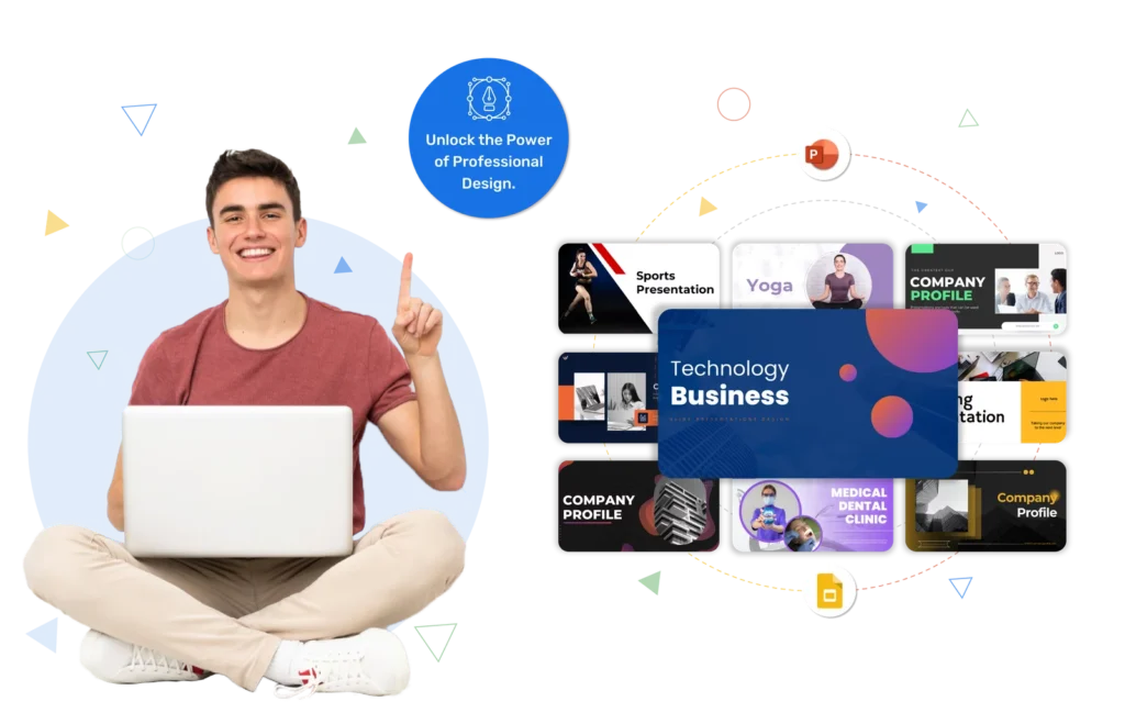 Dynamic 'Business and Company' presentation templates with a smiling man working on a laptop, surrounded by impressive slides.