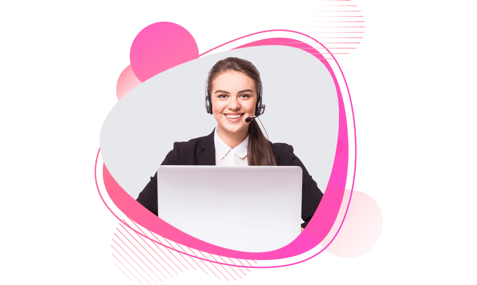 Empowering 'Customer Service Logo' presentation templates with a speaking woman in a pink-colored shape.