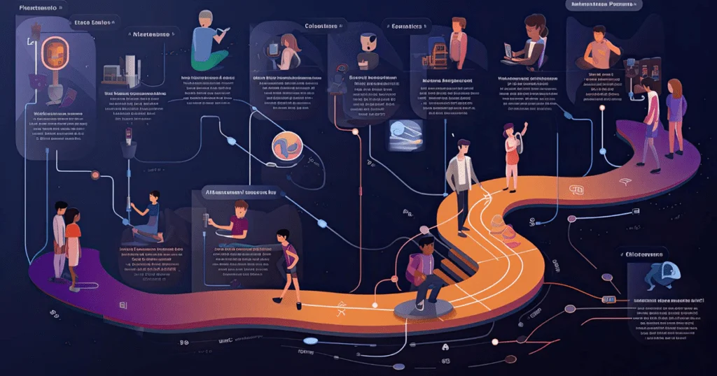 An illustrative pitch deck roadmap displayed in a dark blue theme, highlighting key points and essential elements for effective presentation.