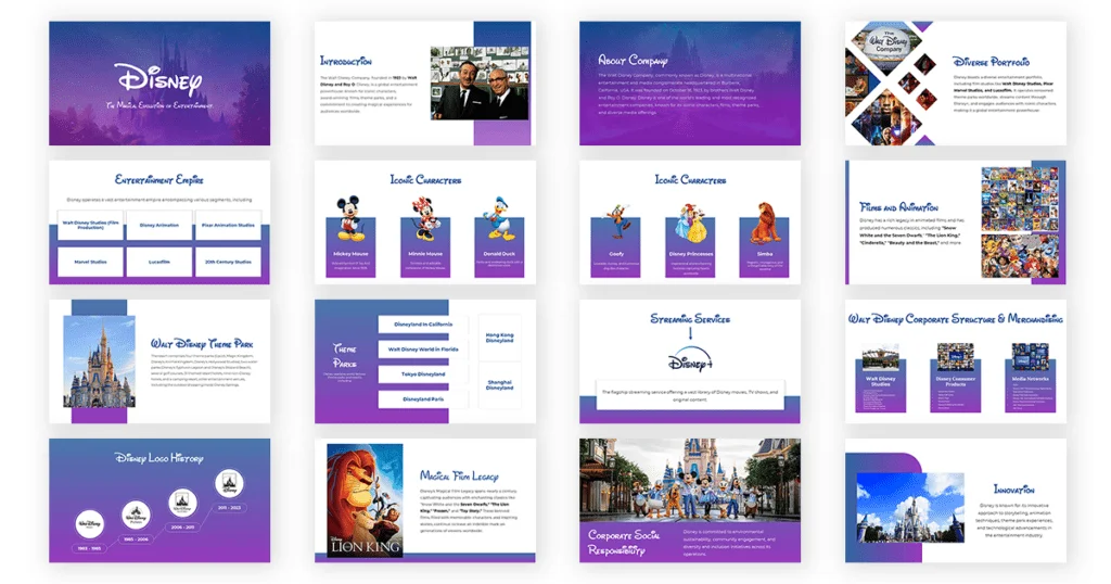 A visually engaging pitch deck showcasing the Walt Disney Company's profile, featuring compelling graphics and key information about the company's history, achievements, and future prospects.