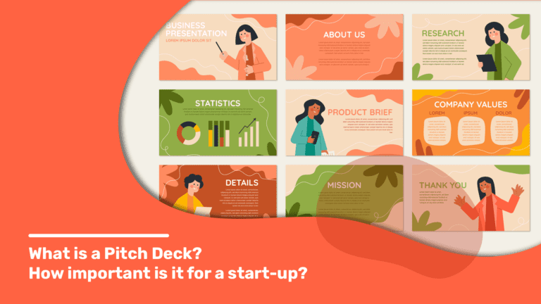 Vibrant orange background banner showcasing various pitch deck templates in a single image.