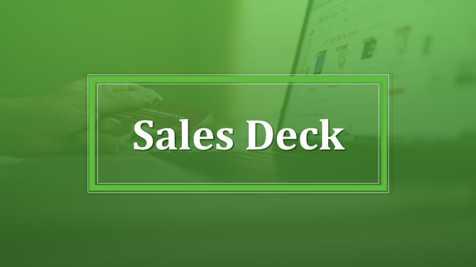Green banner with 'Sales Deck' text over a hand using a credit card on a laptop's online shopping screen.