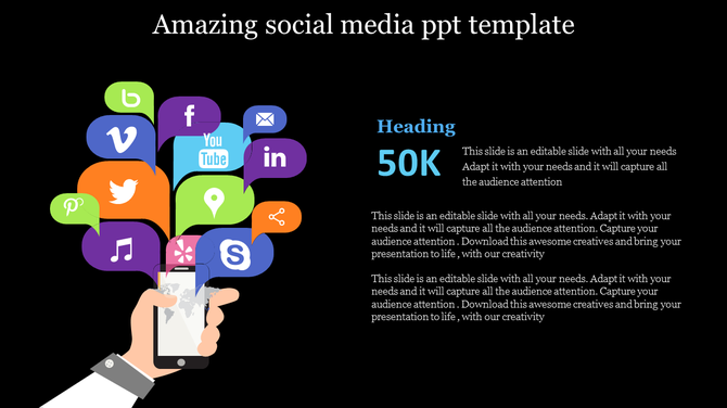 Hand holding phone with colorful social media app bubbles flying out. Text reads 'Amazing social media ppt template'.