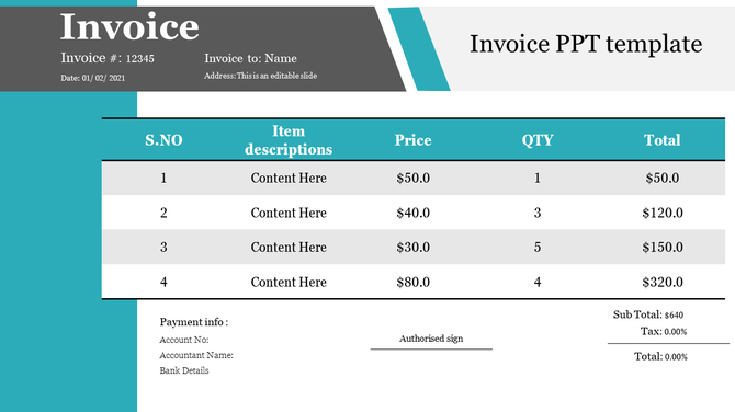 An Invoice PPT template slide showing a table with item descriptions, prices, quantity, and total, plus payment info.