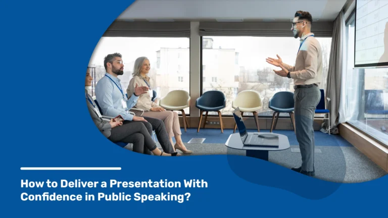 A presenter speaking and presenting his presentation with confidence with the help of presentation design service provider