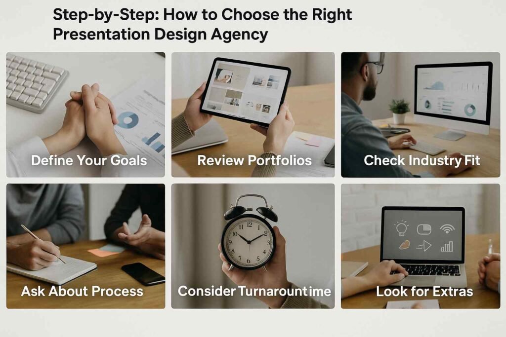 Step-by-step guide visuals on choosing the right presentation design agency with goals, process, and fit checks.