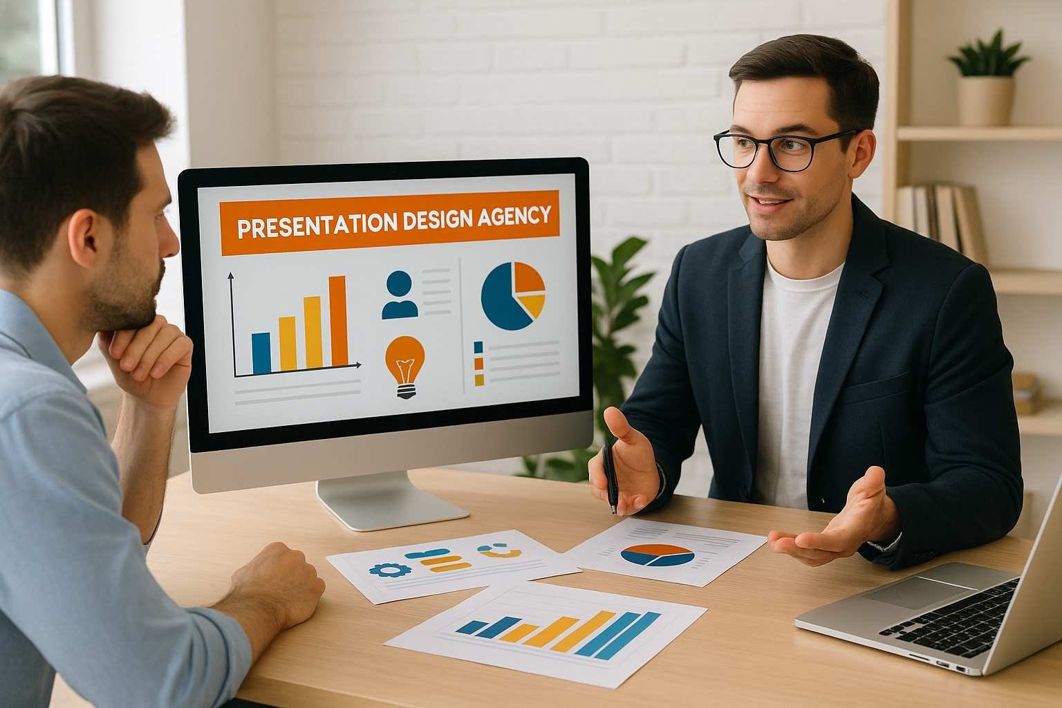 Professionals discussing pitch deck design with charts on screen powered by AI tools for investors.