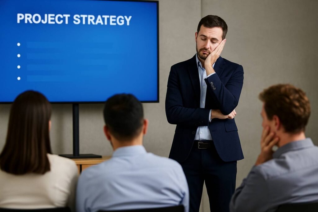 A bored man leans on his hand while presenting a "PROJECT STRATEGY" slide to a sleepy audience.