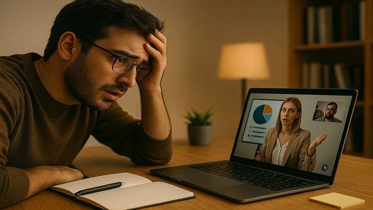 A worried man looks at his laptop screen, showing a woman presenting online during a video call.