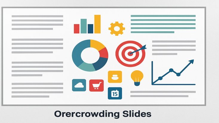 A slide example labeled "Overcrowding Slides," showing too many charts, icons, and text boxes.