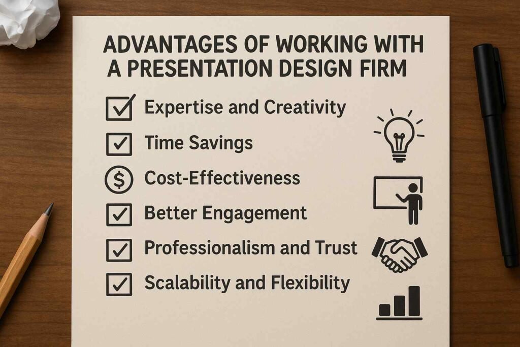 List of advantages of working with a presentation design firm, including creativity, trust, and cost-effectiveness.