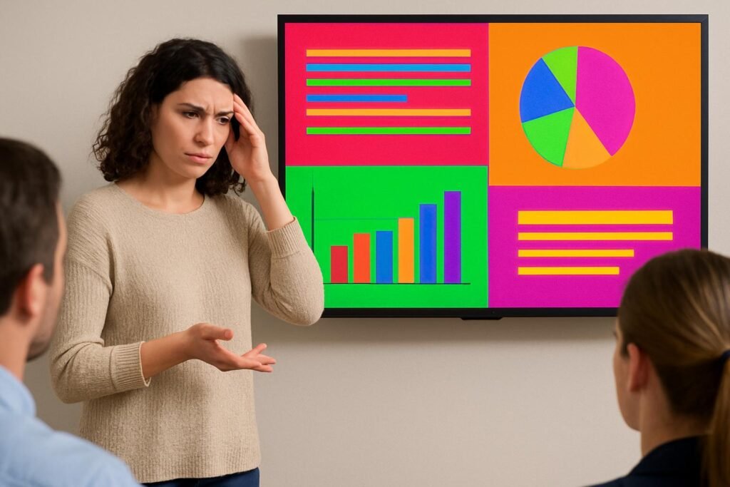 A confused woman presents a messy, colorful chart-filled slide to an audience, showing poor presentation design.