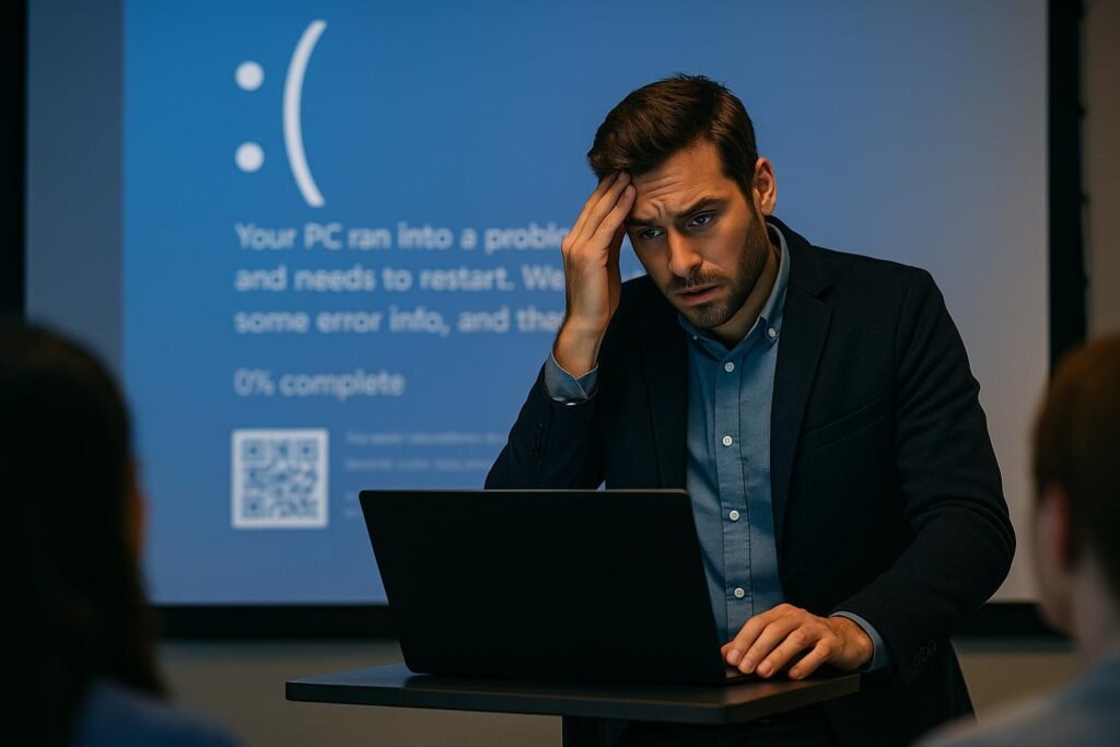 A frustrated man looks at his laptop, while a "blue screen of death" error appears on a large presentation screen.