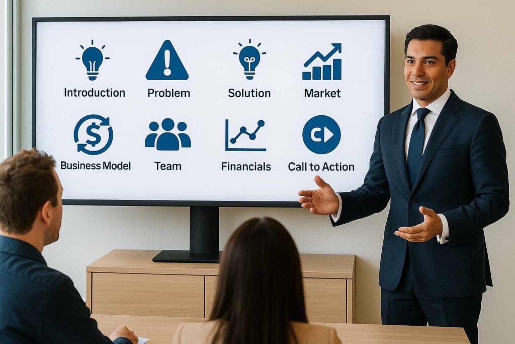 Business presentation with speaker showing pitch deck structure including problem, solution, market, and call to action.