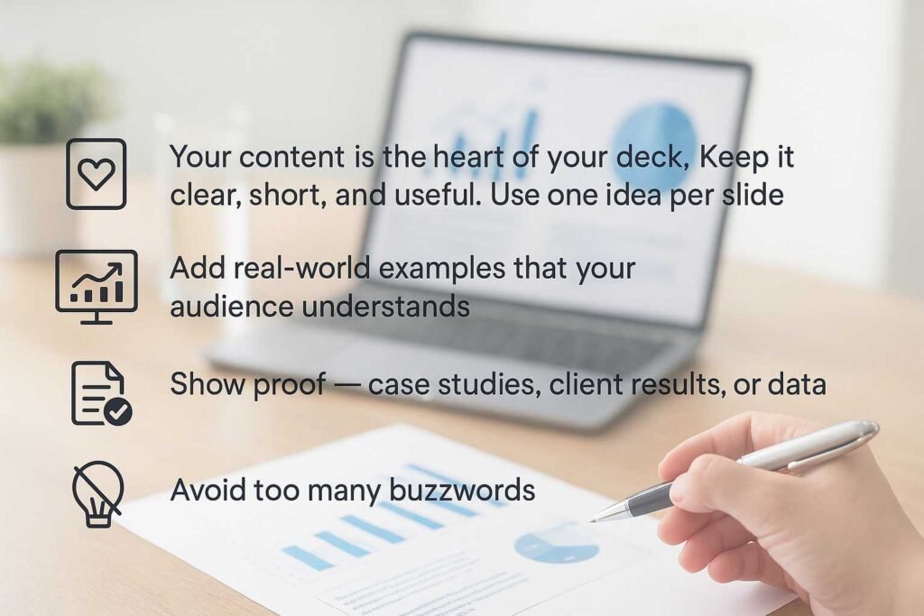 Business presentation tips showing clear content, real-world examples, proof, and avoiding buzzwords