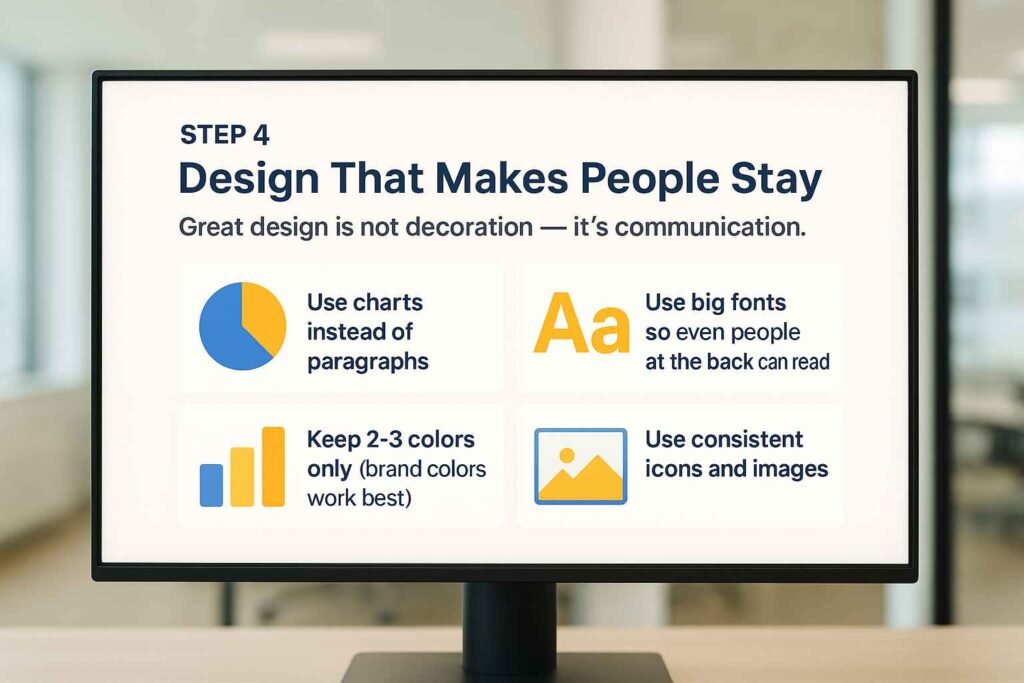 Presentation design tips showing charts, fonts, colors, and icons for clear and engaging pitch decks.