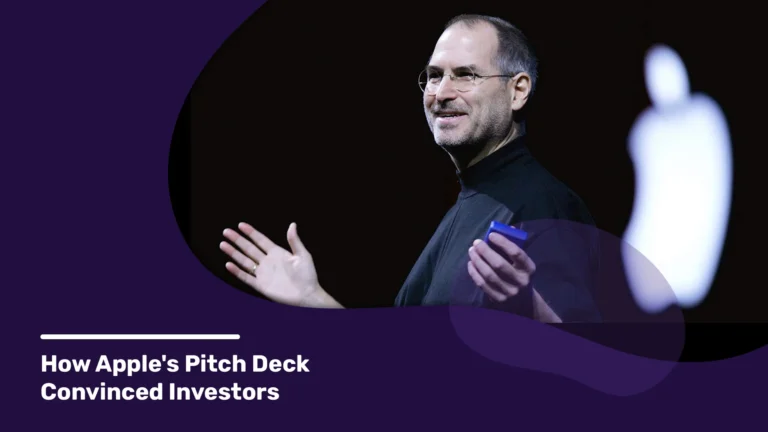 'How Apple's Pitch Deck Convinced Investors' featuring Steve Jobs presenting with the Apple logo in the background.