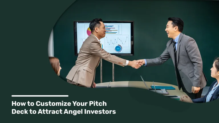 Two business professionals shaking hands in a meeting room after a successful pitch, with a presentation screen displaying charts in the background.