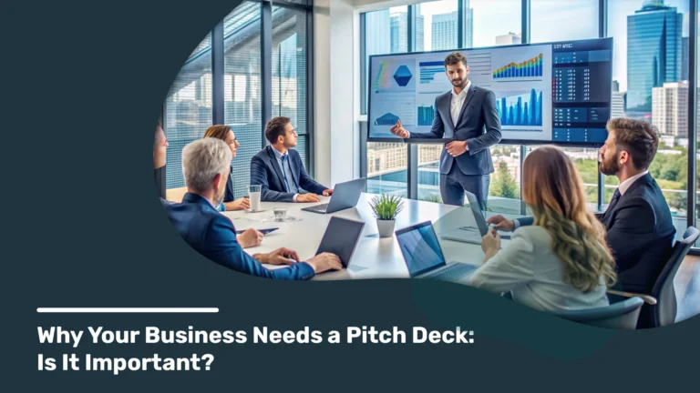 A business professional presenting a why pitch deck is important and needed to colleagues in a modern conference room with large windows and city views.