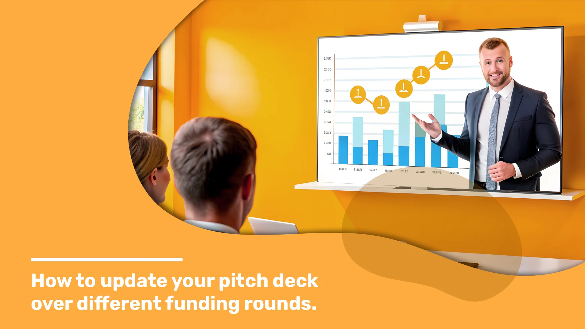 A businessman presenting a pitch deck with graphs and charts to an audience, illustrating how to update pitch decks for different funding rounds.