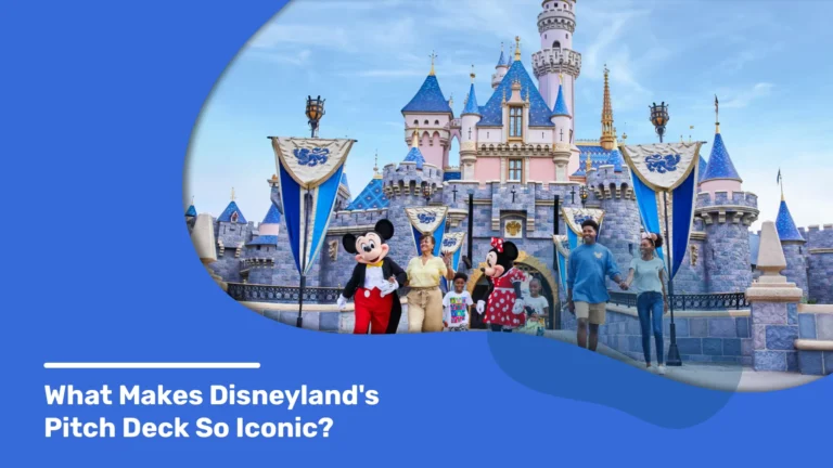 Disneyland's iconic castle with Mickey, Minnie, and a family. Caption: 'What Makes Disneyland's Pitch Deck So Iconic?