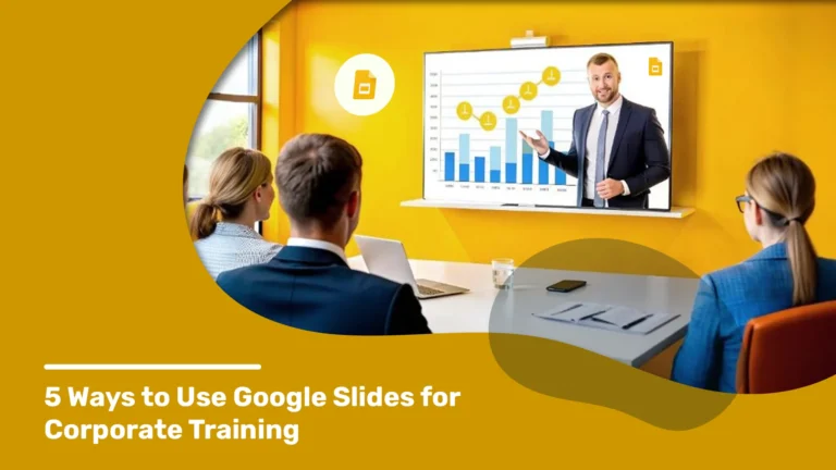 Corporate training session with a presenter explaining graphs on a screen to three professionals, with text: '5 Ways to Use Google Slides for Corporate Training.