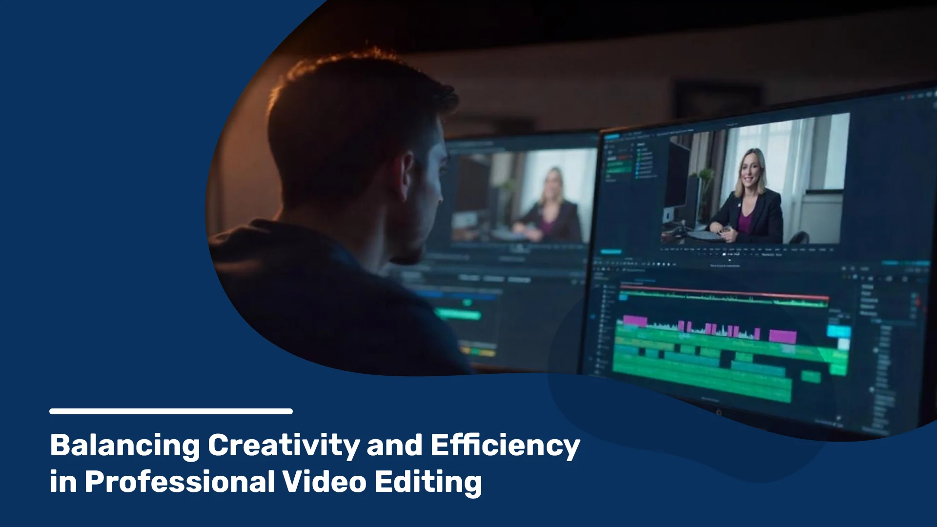 Professional video editor working on dual monitors, balancing creativity and efficiency with a focused workflow and editing tools.