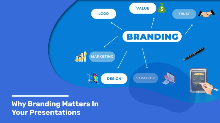 Infographic illustrating the importance of branding in presentations, featuring interconnected elements like logo, value, trust, marketing, design, and strategy for cohesive communication.