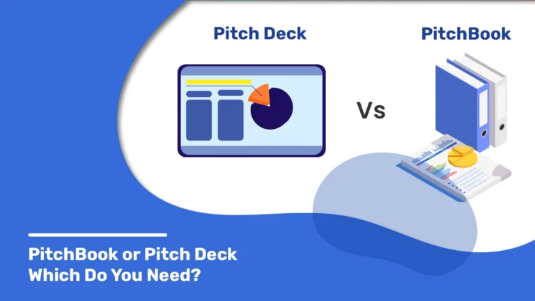 Comparison of a Pitch Deck (slide with chart) vs. PitchBook (binders with reports) with text: 'PitchBook or Pitch Deck - Which Do You Need?